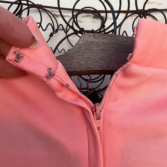 Vintage 60s Peach Coral Polyester A Line Long Sleeve Maxi Dress - Picture 7 of 9